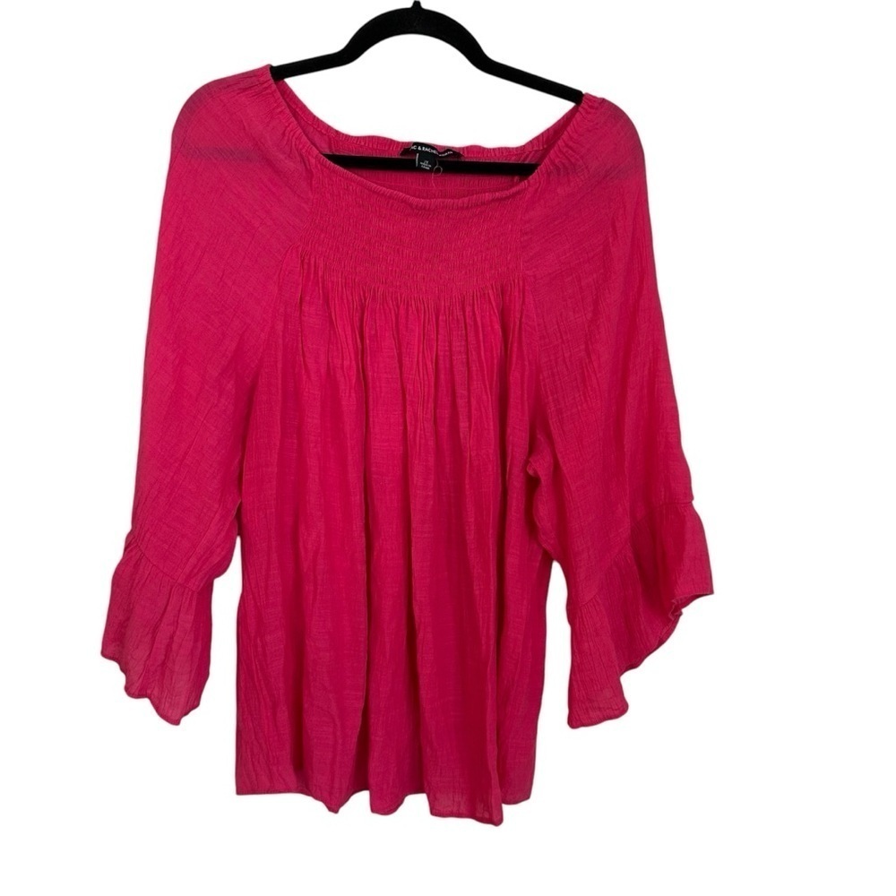 Zac & Rachel Woman 3/4 Ruffle Sleeve Hot Pink Peasant Style Top Sz 2X GUC